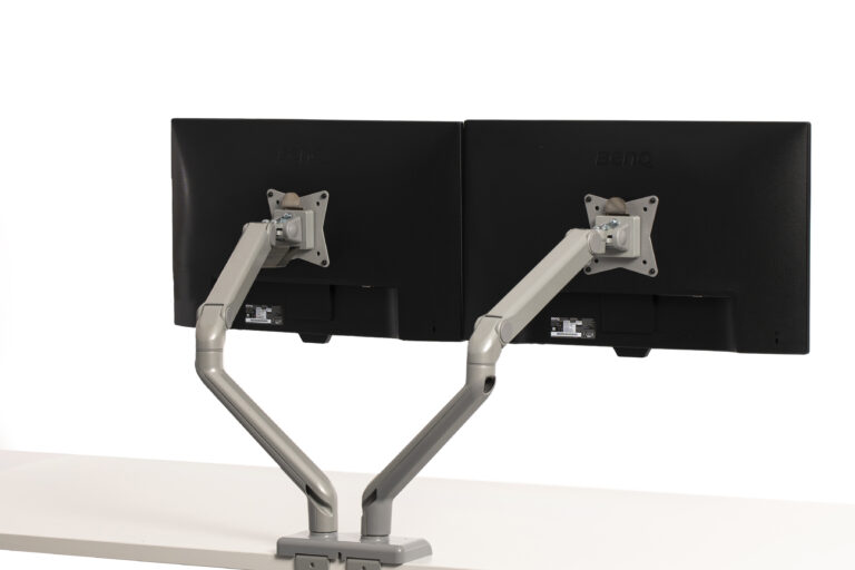 Support arm for two flat panels, fixed to the surface